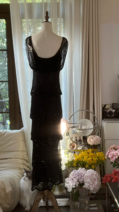 Vintage Black Applique Elegant Design A-line Romantic Chiffon Evening Dress Prom Dress HZ1024