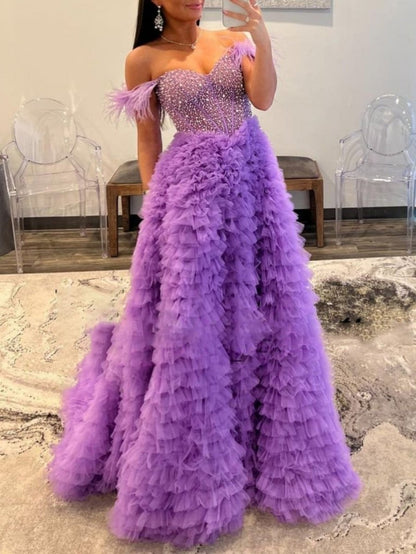 Astrid |A Line Off the Shoulder Tiered Tulle Prom Dress With Slit