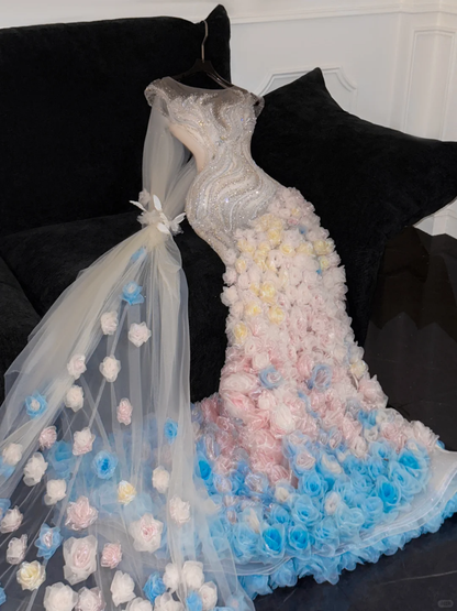 Gorgeous Sparkling Beaded Sequin Mermaid 3D Flowers Design Tulle Evening Dress Prom Dresses HZ1024