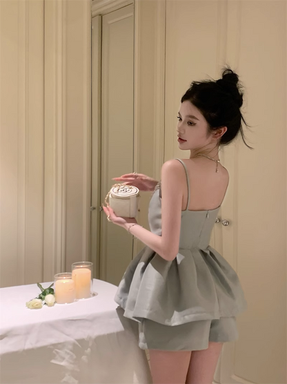 Cute Fashion Gray Spaghetti Strap Design A-line Satin Party Dress Homecoming Dress HZ1024