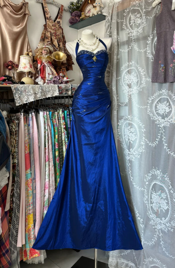 Vintage Halter Mermaid Long Prom Dresses Beaded Satin Blue Evening Dress Birthday Gown