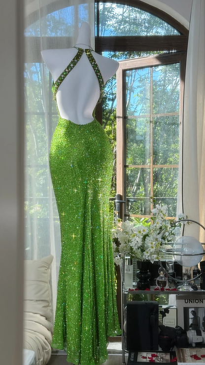 Shiny Green Sequined V-neck Spaghetti Strap Design Chiffon Prom Dress Evening Dress HZ1024