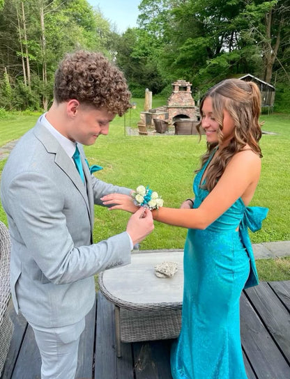 Turquoise Halter Neck Mermaid Satin Long Prom Dress Formal Party Dress, HZ0319