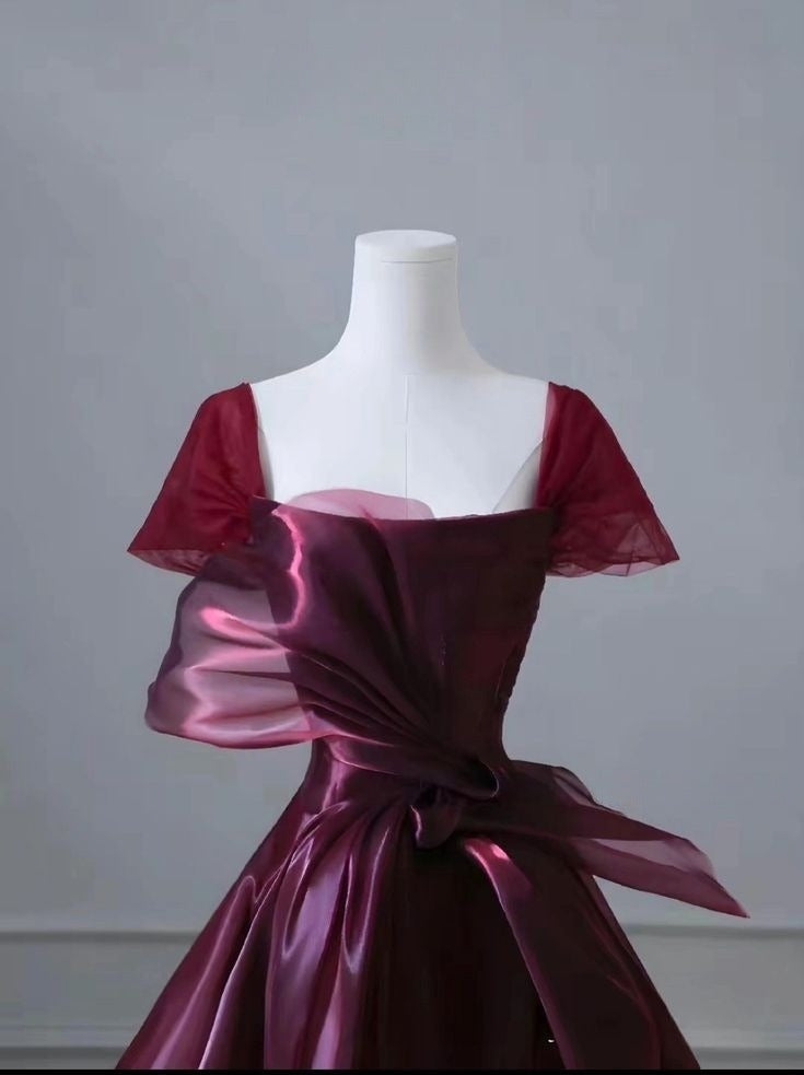 Elegant Burgundy A-Line Satin Long Formal Prom Dress Party Gown, HZ0319