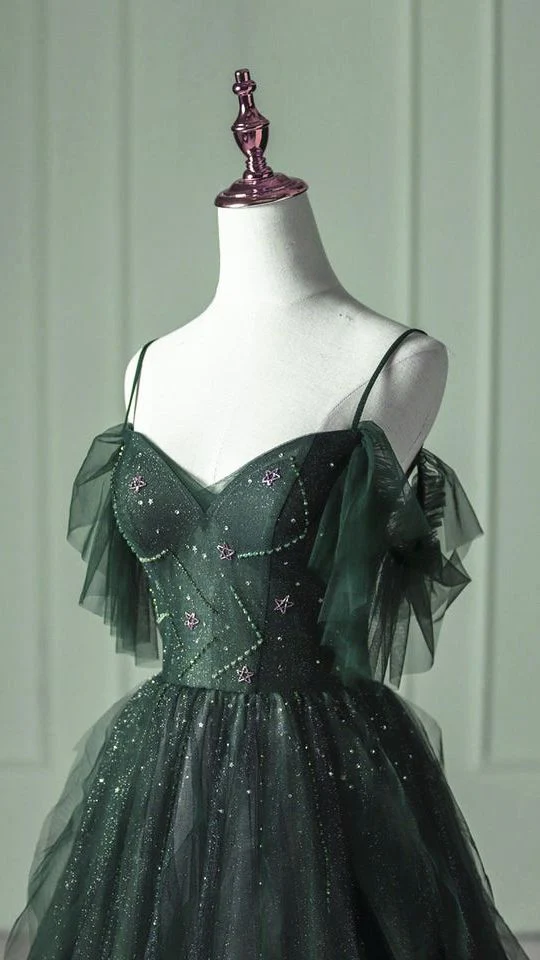 Elegant Green Straps Off Shoulder A-Line Tulle Long Formal Prom Dress, HZ0319