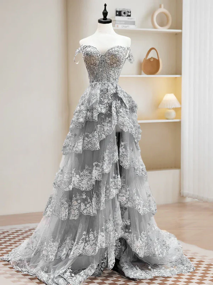 Dark Navy Off Shoulder A-Line Lace Tiered Long Party Dress Formal Prom Dress, HZ0319