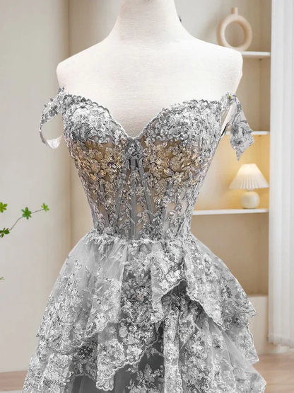 Dark Navy Off Shoulder A-Line Lace Tiered Long Party Dress Formal Prom Dress, HZ0319
