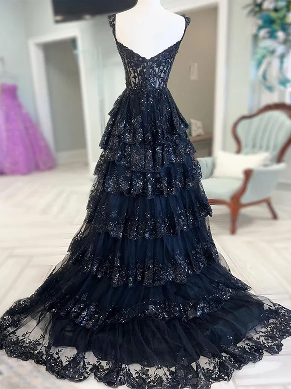 Dark Navy Off Shoulder A-Line Lace Tiered Long Party Dress Formal Prom Dress, HZ0319