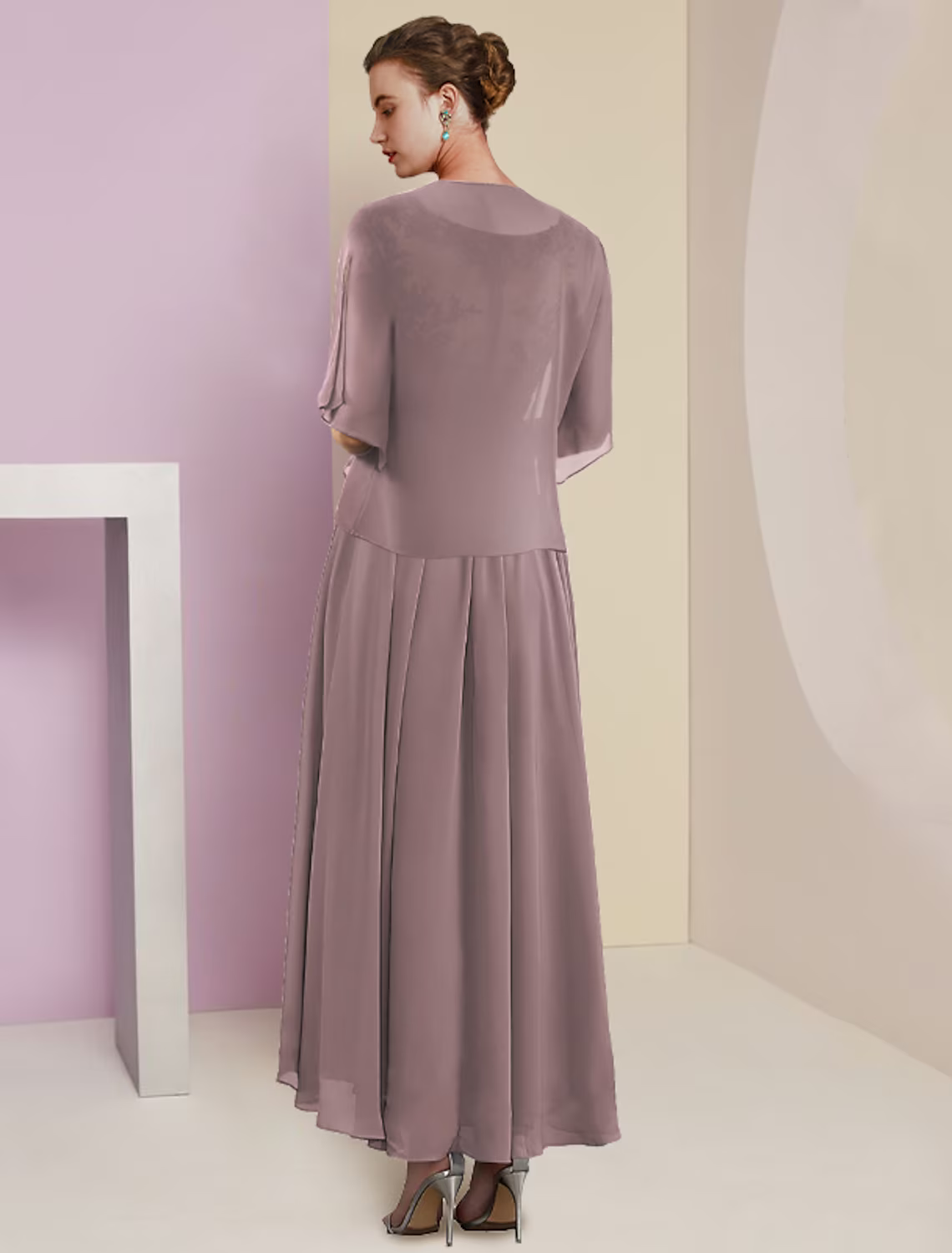 Two Piece A-Line Mother of the Bride Dress Formal Wedding Guest Elegant V Neck Lace Short Sleeve Wrap Included with Pleats Appliques