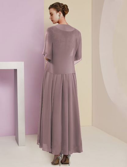 Two Piece A-Line Mother of the Bride Dress Formal Wedding Guest Elegant V Neck Lace Short Sleeve Wrap Included with Pleats Appliques
