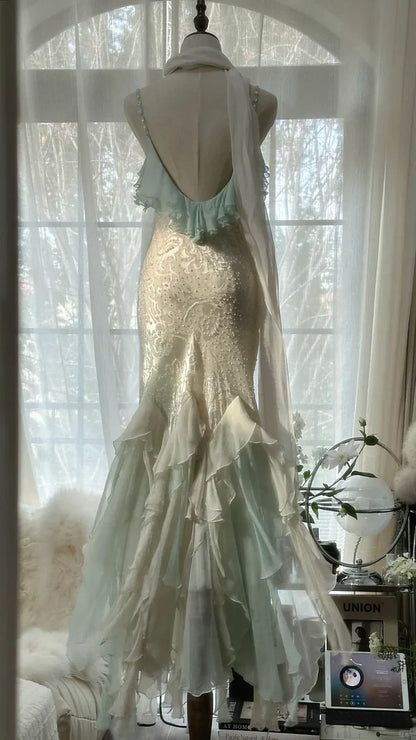Green white gorgeous beautiful charming spaghetti straps beaded ruffles mermaid long slim lace tulle ball gown fashion evening dress party dress prom dress gh3617a