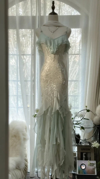 Green white gorgeous beautiful charming spaghetti straps beaded ruffles mermaid long slim lace tulle ball gown fashion evening dress party dress prom dress gh3617a