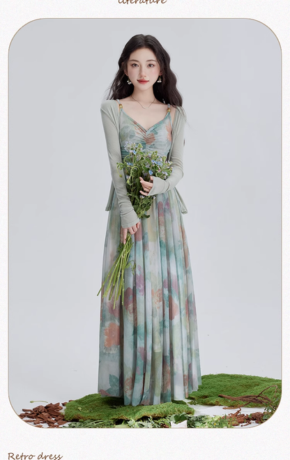 Vintage Fashion Floral Print Design Long-sleeved Cardigan A-line Long Spaghetti Strap Dress HZ1024