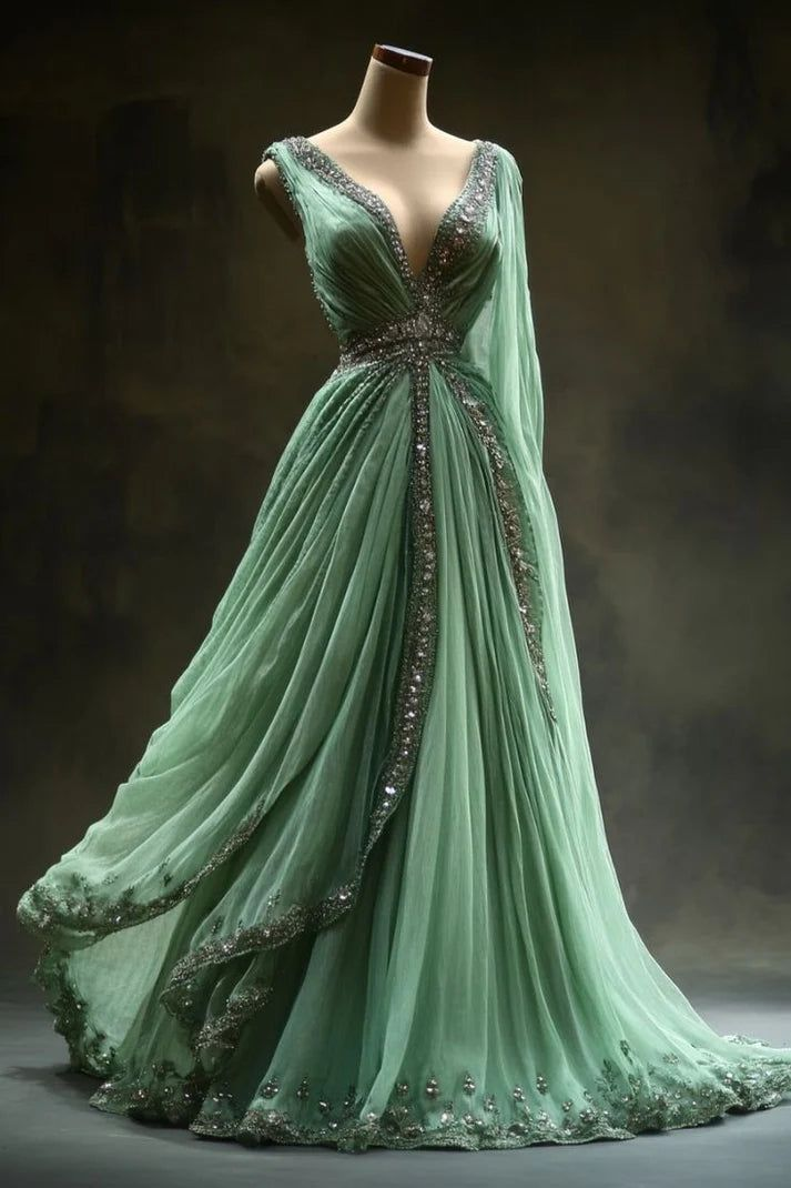Green V Neck A-Line Beading Retro Chiffon Long Formal Evening Dresses, HZ0319