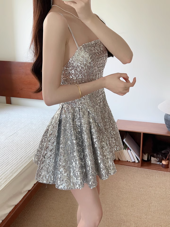 Fashion Silvery Spaghetti Strap A-line Sequin Party Dresses Homecoming Dresses, HZ1024