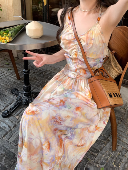 New Simple Fashion Floral Design A-Line Beach Holiday Halter Dress HZ1024