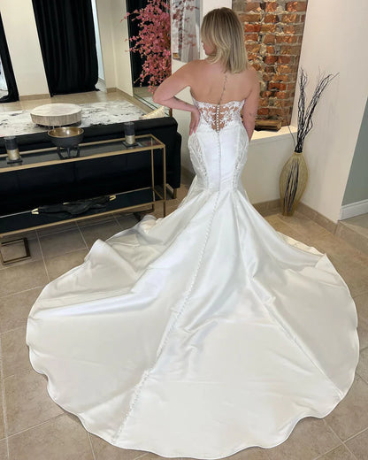 Satin Lace Strapless Trumpet Long Wedding Dress