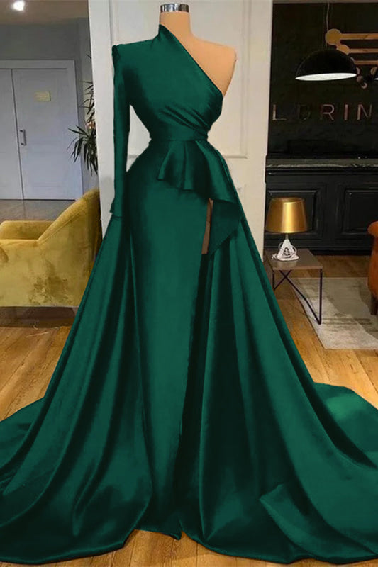 Dark Blue Long Sleeves Mermaid Prom Dress Split