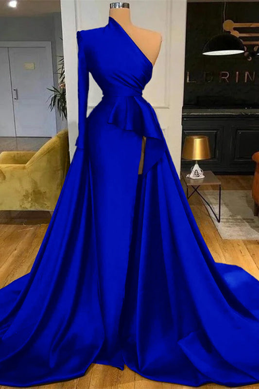 Dark Blue Long Sleeves Mermaid Prom Dress Split