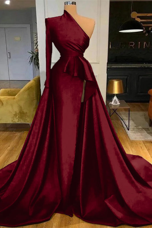 Dark Blue Long Sleeves Mermaid Prom Dress Split