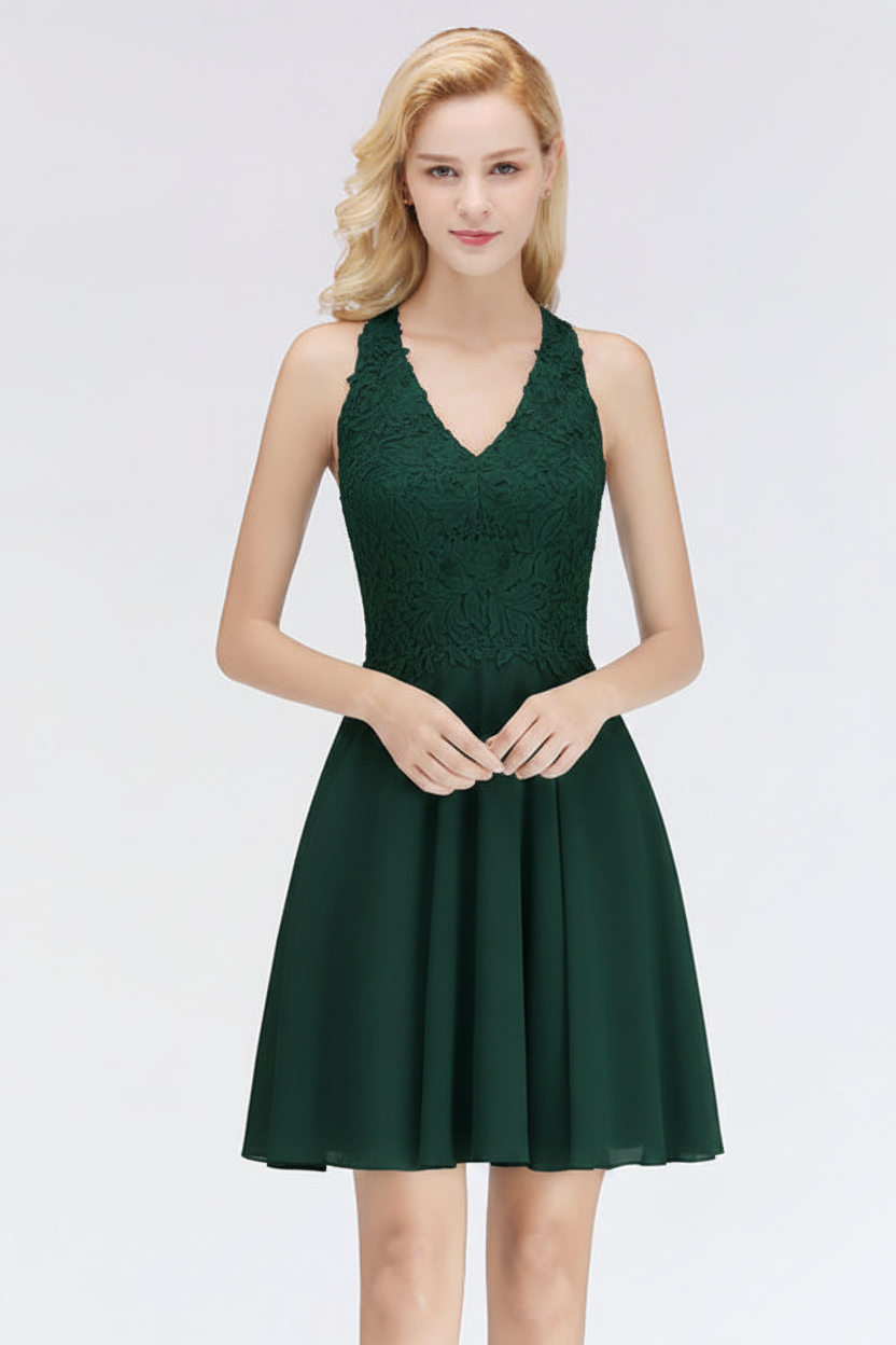V-Neck Knee Length Floral Lace Birdesmaid Dresses