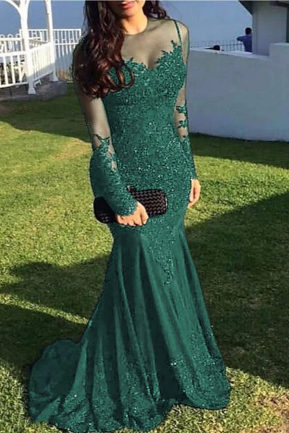 Long Sleeves Sweep/Brush Train Black Prom Dresses With Lace Appliques