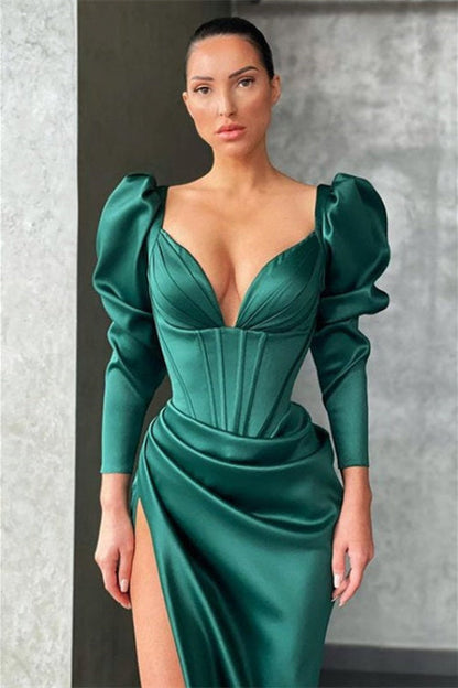 Dark Green Puff Sleeve Corset Mermaid Prom Dress with High Slit