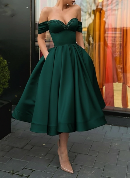 Off Shoulder Satin Tea Length Prom Dresses Sequins Pink Formal Graduation Evening Dresses