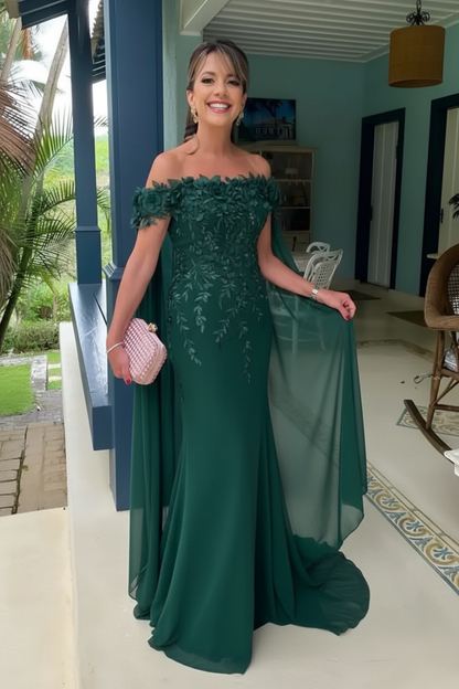 Off-The-Shoulder Mermaid Chiffon Wedding Guest Dresses Long with Appliques