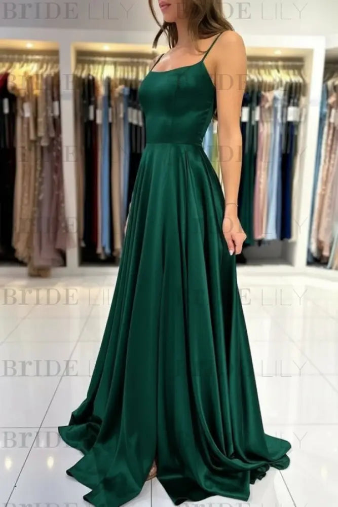 Spaghetti Straps Simple Satin Long Prom Dress with Slit