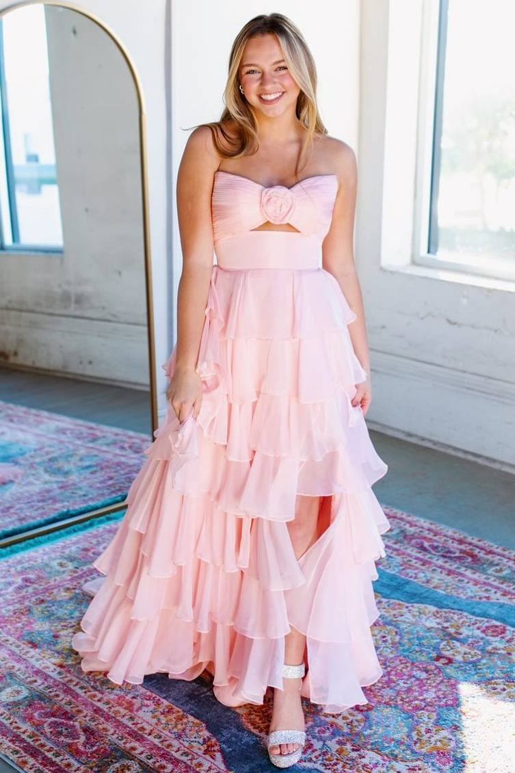 A-Line Strapless V-Neck Layered Chiffon Sleeveless Formal Prom Dress