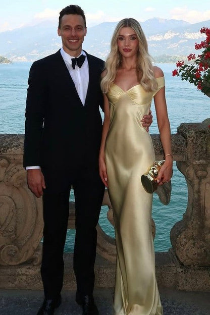 Elegant Off-Shoulder V-Neck Satin Pleats Long Party Prom Dress