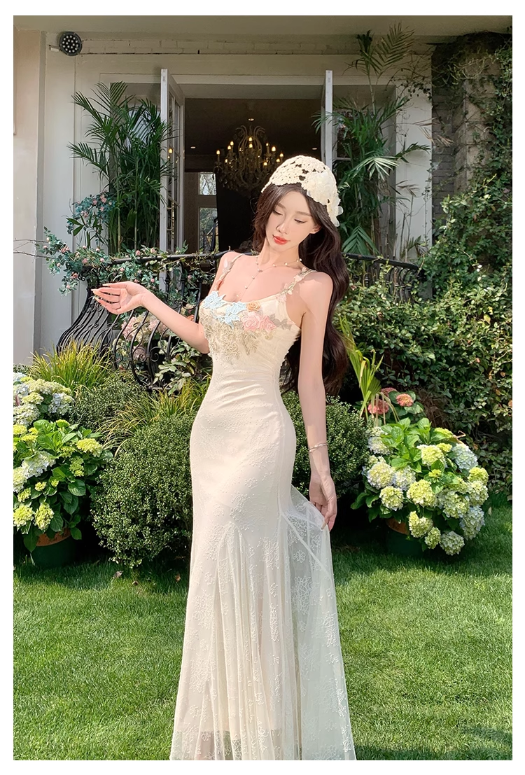 Vintage Fashion Floral Mesh Design Elegant Beach Holiday Mermaid A-line Spaghetti Strap Dress HZ1024