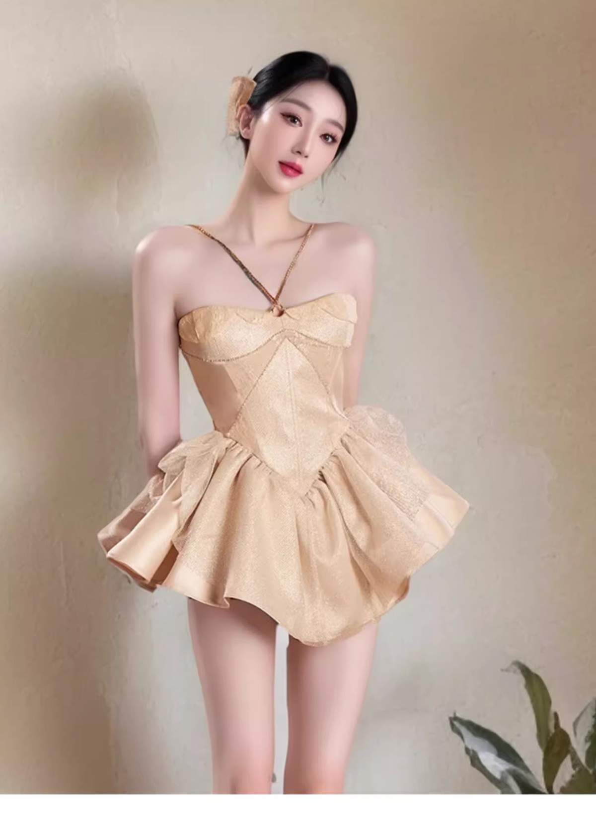 Vintage Golden Halter Dress Design A-line Satin Ruffled Hem Party Dress Homecoming Dress HZ1024