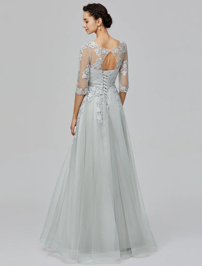 Wholesale A-Line Empire Dress Wedding Guest Prom Dress Floor Length Half Sleeve Illusion Neck Tulle with Bow(s) Appliques