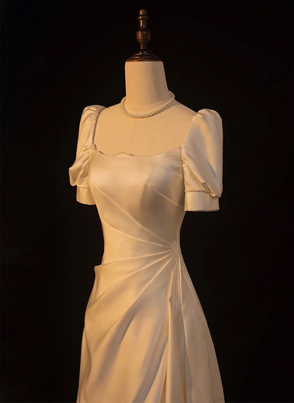 Beautiful Long A Line Evening Dress White Satin Wedding Prom Dress Party Gown cc1434
