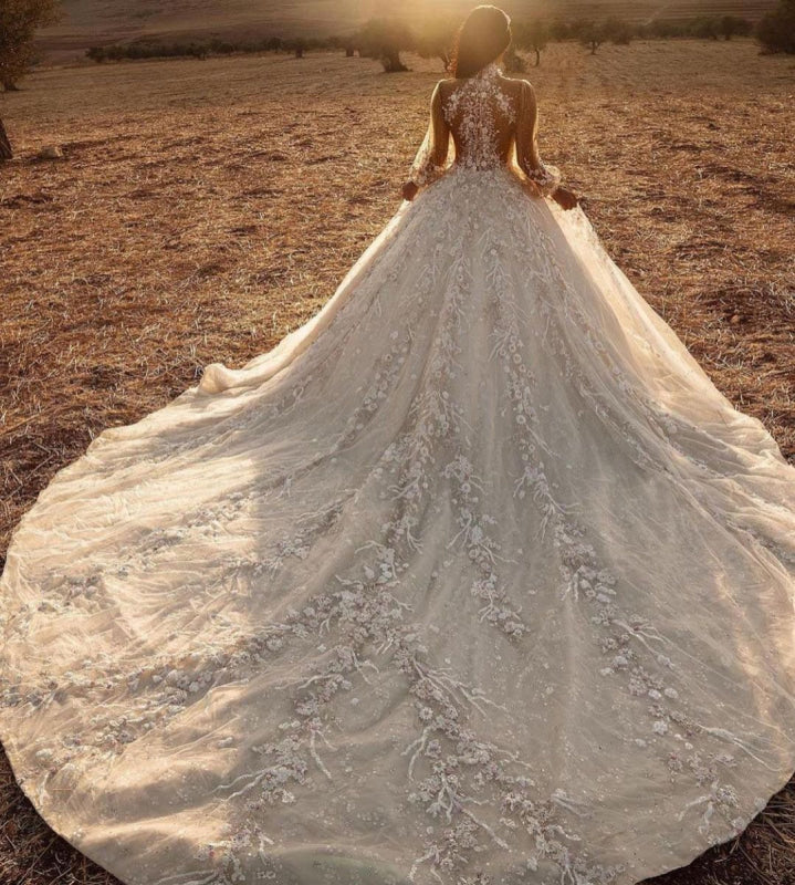 Deluxe Long Sleeves Lace Ball Gown Wedding Dress with Applique