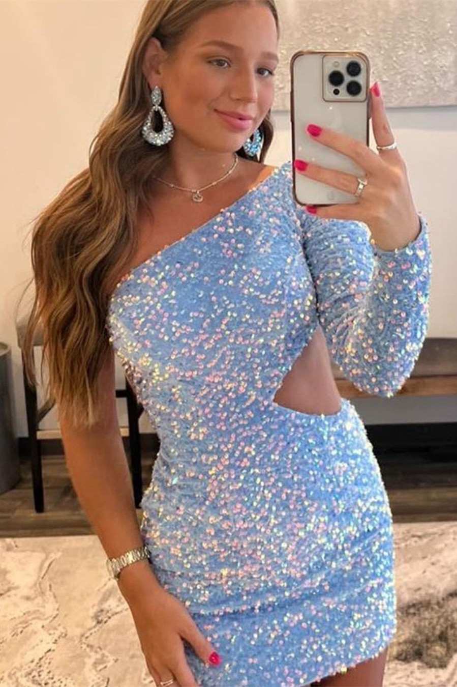 Purple Sequin One-Sleeve Cutout Short Homecoming Dress