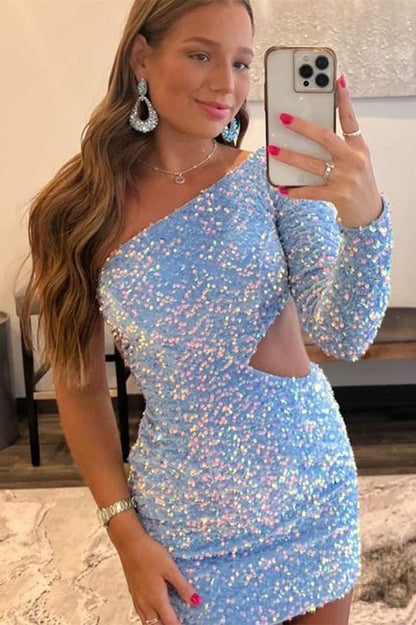 Purple Sequin One-Sleeve Cutout Short Homecoming Dress