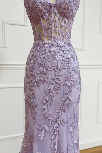 Sweetheart Mermaid Lace Prom Dresses Sleeveless Purple Formal Dresses