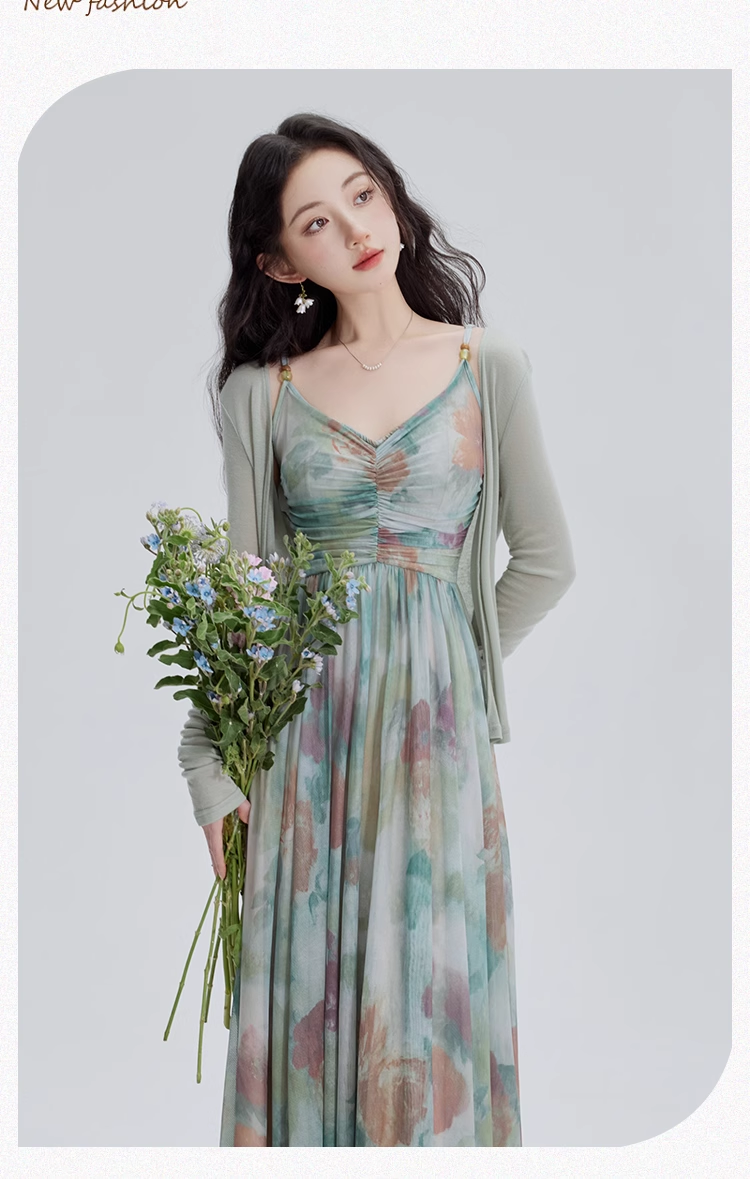 Vintage Fashion Floral Print Design Long-sleeved Cardigan A-line Long Spaghetti Strap Dress HZ1024