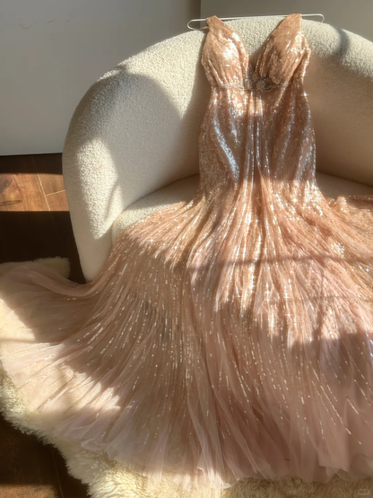 Vintage Champagne Sparkling Sequin Design Romantic Chiffon Evening Dress Prom Dress HZ1024