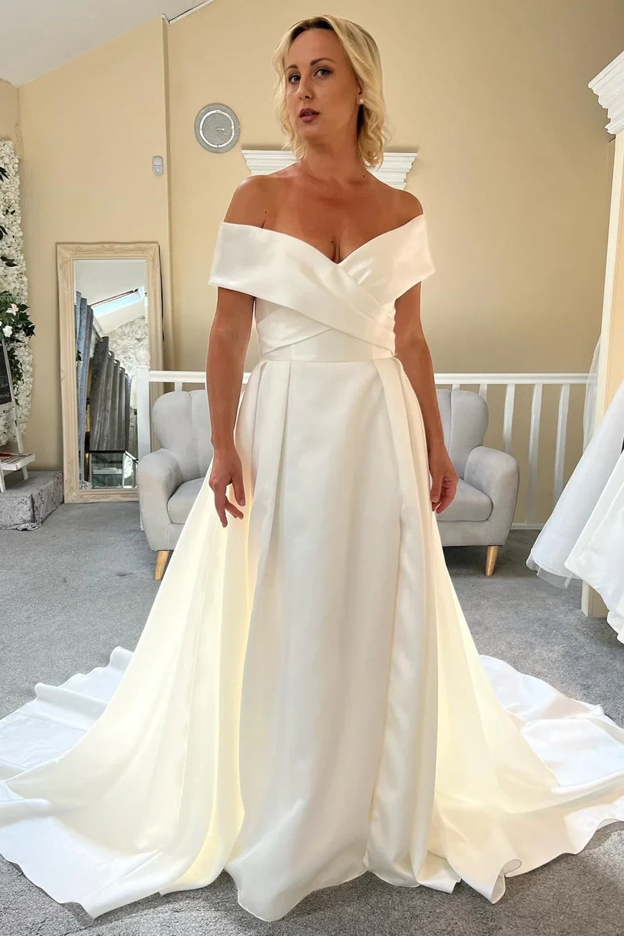 Off-the-Shoulder Long Bridal Gown with Slit