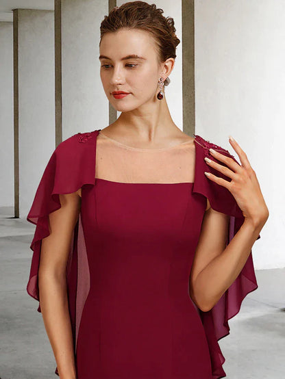 DingjiMermaid / Trumpet Mother of the Bride Dress Vintage Elegant Square Neck Sweep / Brush Train Chiffon Short Sleeve with Ruffles Appliques