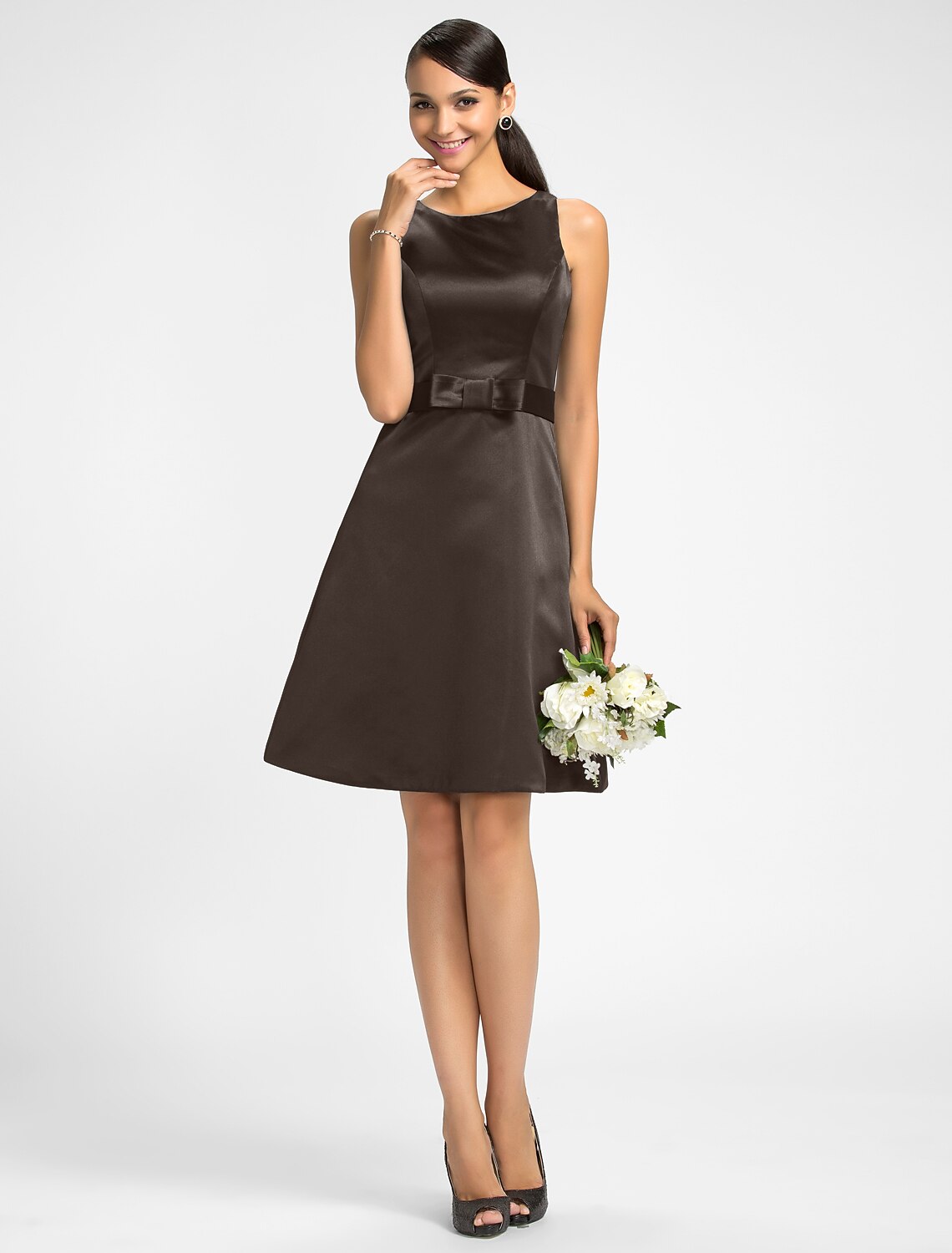 A-Line Jewel Neck Knee Length Satin Bridesmaid Dress with Bow(s) / Sash / Ribbon