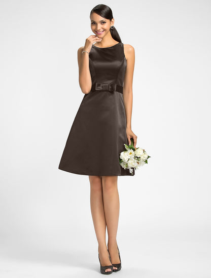 A-Line Jewel Neck Knee Length Satin Bridesmaid Dress with Bow(s) / Sash / Ribbon