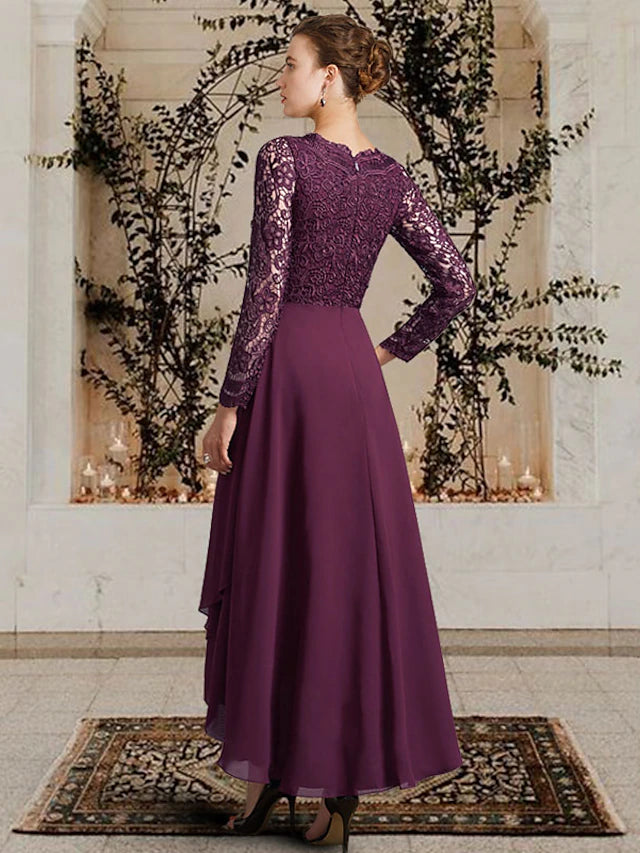 A-Line Mother of the Bride Dress Elegant High Low V Neck Asymmetrical Ankle Length Chiffon Lace Long Sleeve
