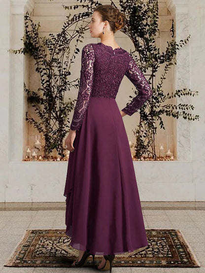 A-Line Mother of the Bride Dress Elegant High Low V Neck Asymmetrical Ankle Length Chiffon Lace Long Sleeve