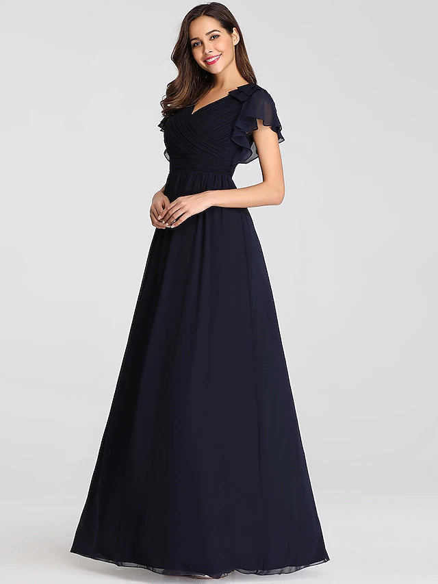 A-Line Mother of the Bride Dress Plus Size V Neck Floor Length Chiffon Short Sleeve with Ruffles