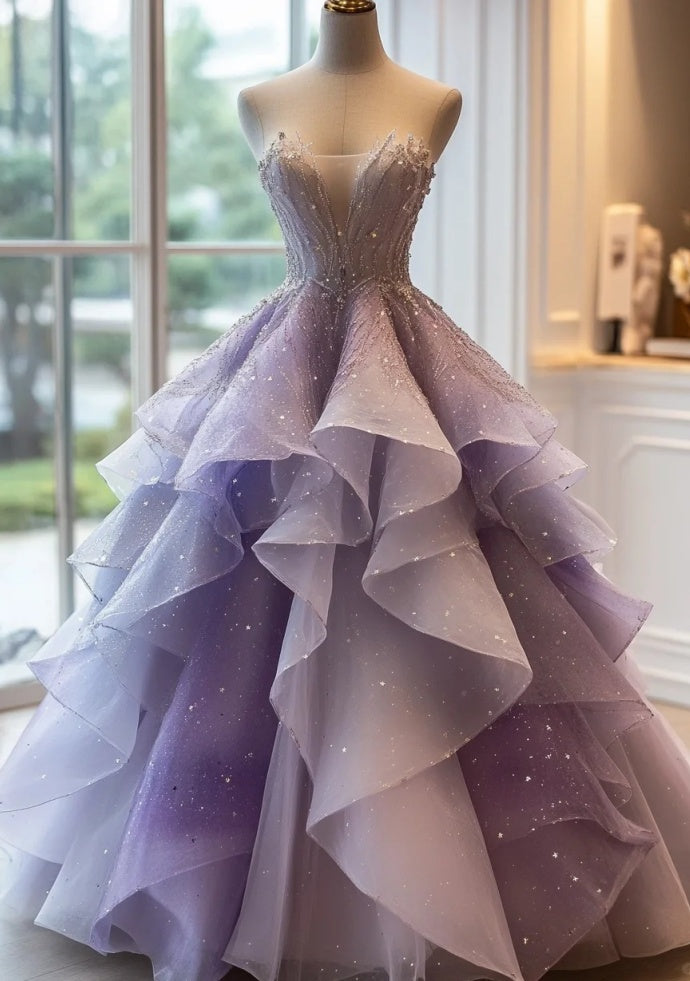 Fairy A-line Purple Prom Dress Strapless Tulle Sleeveless Long Sweet 16 Dress DP05093